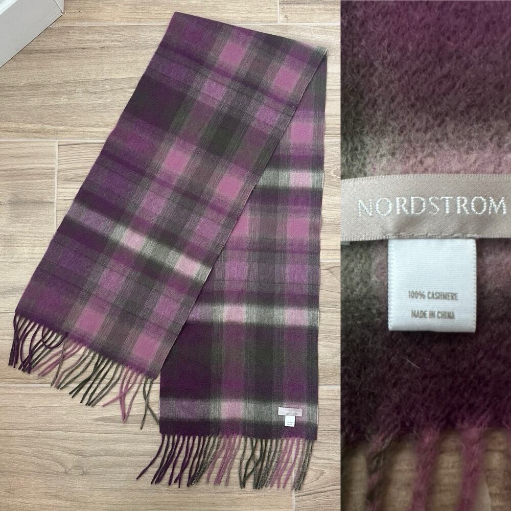 Nordstrom 100% Cashmere Scarf Purple Gray Plaid Tartan Pattern